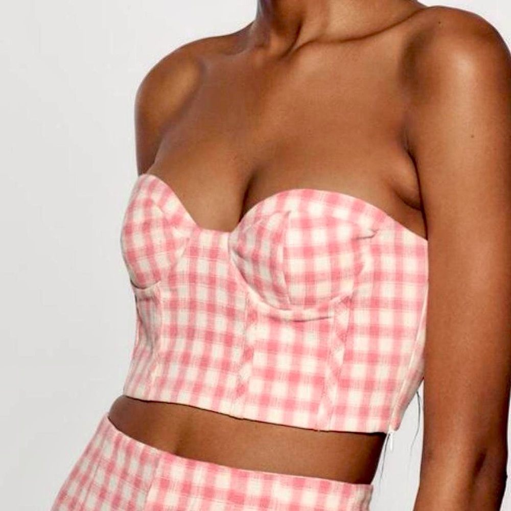 Zara Pink Gingham Check Corset Style Strapless Bustier Crop Top, NWT Sz S